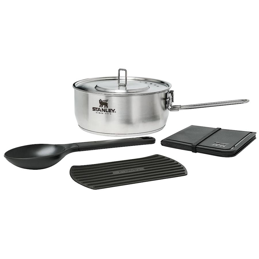 STANLEY EVEN HEAT ESSENTIAL POT SET, 4-PIECE CAMPING COOKWARE SET WITH STAINLESS STEEL POTS AND PANS, UTENSILS, LIDS, AND COOKING ACCESSORIES, OU | STANLEY | 01