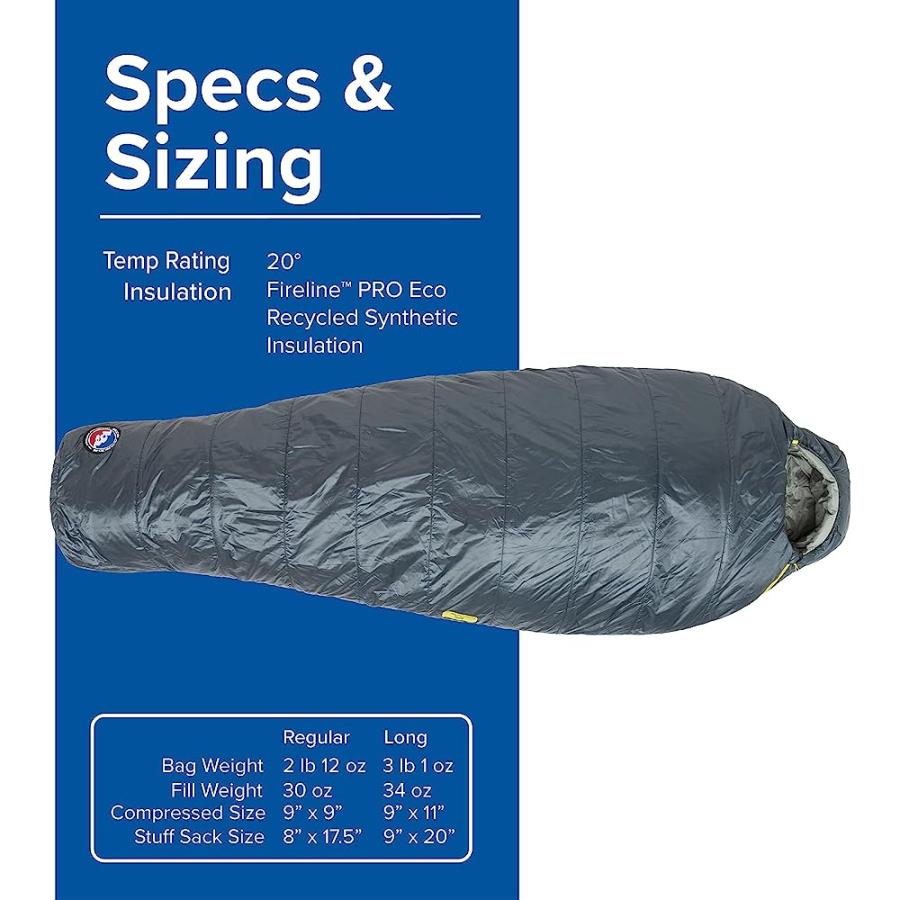 BIG AGNES ANTHRACITE SLEEPING BAG, 20 DEGREE, (FIRELINE PRO RECYCLED), SLATE, REGULAR, LEFT ZIP | BIG AGNES | 03