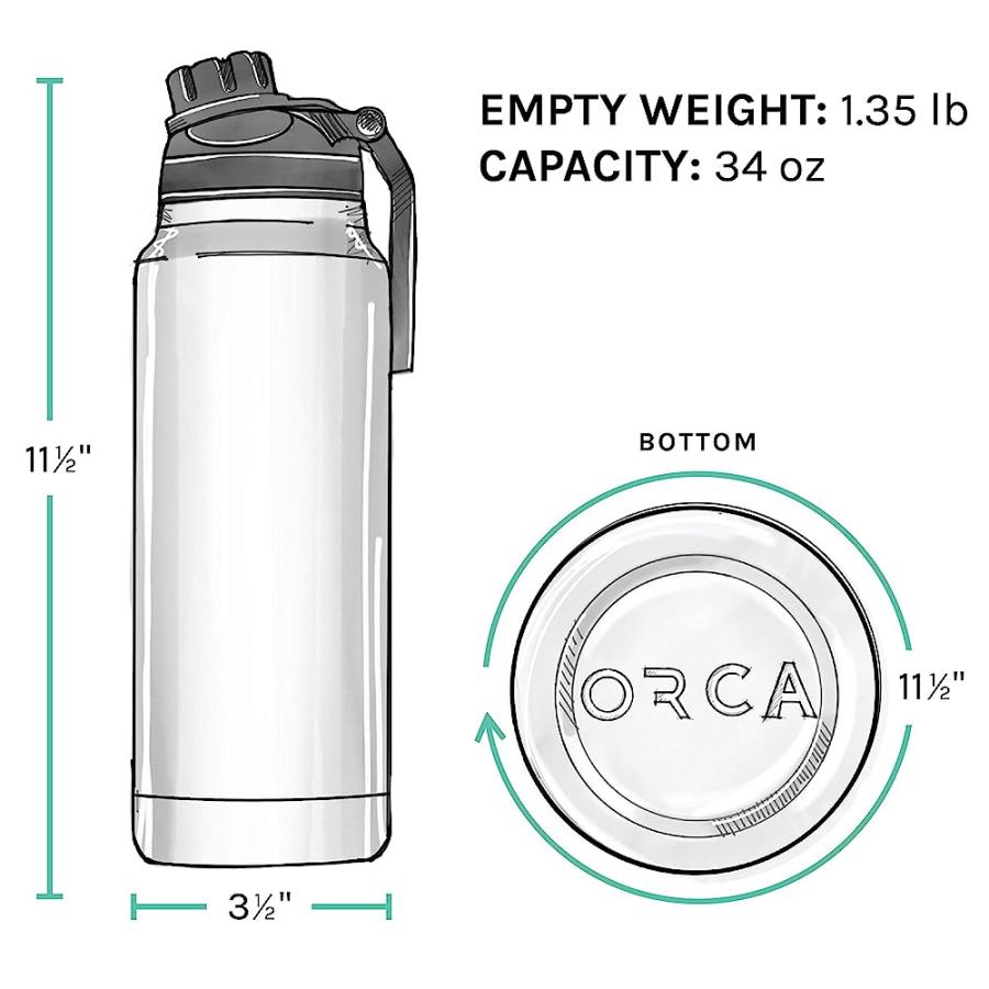 ORCA HYDRA 34 OZ. 18/8 STAINLESS STEEL INSULATED WATER BOTTLE, SCREW TOP SPORTS BOTTLE, POWDER COATED, WITH SILICONE GRIP WHALE TALE HANDLE, TOP | LES CREATIONS | 03