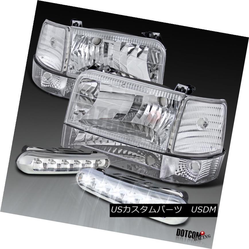 ヘッドライト 92-96 F150 / 250/350 Broncoユーロクロームヘッドライトバンパーコーナーランプ+ LED DRLフォグ 92-9