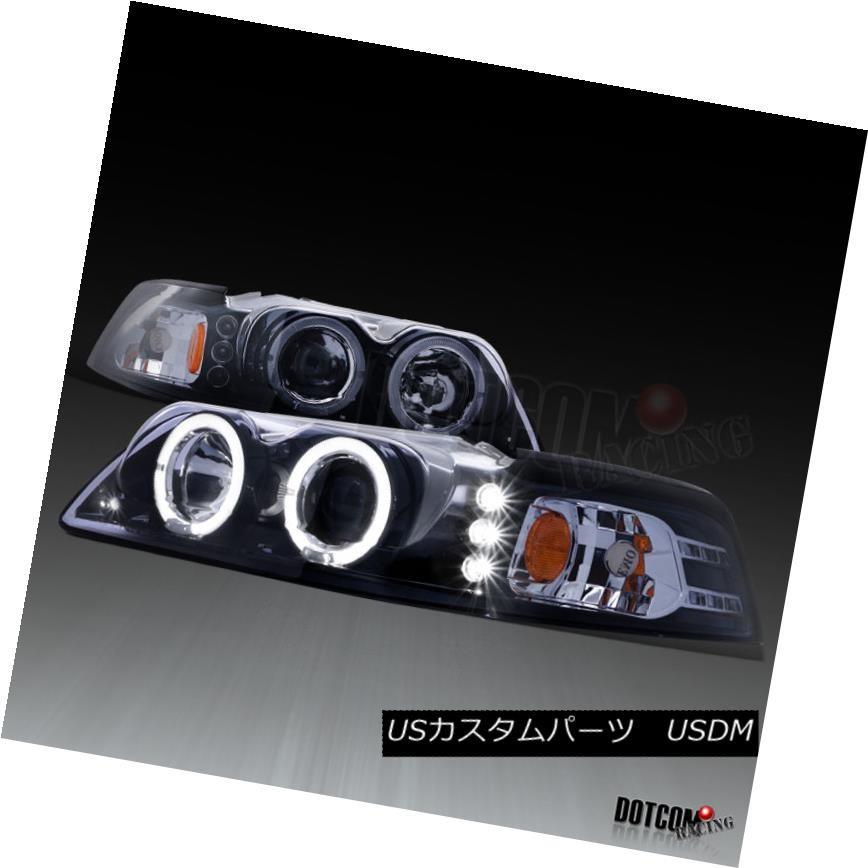 ヘッドライト 1999-2004 Ford Mustang LED Halo Rim GlossyブラックプロジェクターヘッドライトLeft + Ri