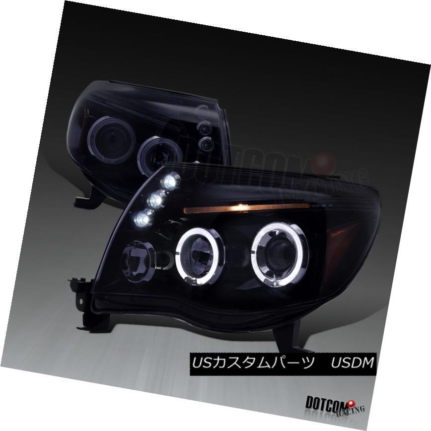 ヘッドライト 2005-2011 Toyota Tacoma Glossy BlackデュアルハローLEDプロジェクターヘッドライトスモーク 2005