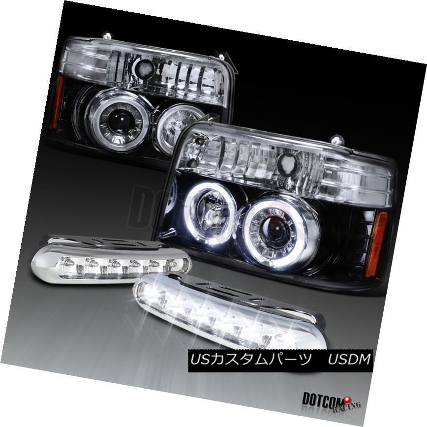 前照灯 洋琴黒いこと92-96 F150 F250ハロープロジェクターヘッドライト+ LEDデイタイムライトフォグ Piano Black 9 その他ライト-自動車-車、バイク、自転車