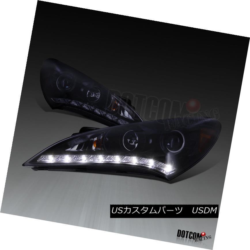 ヘッドライト 光沢ブラック2010-2012ジェネシススモークR8 LED DRLプロジェクターヘッドライトランプ Glossy Black For