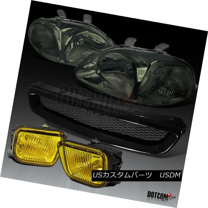 ヘッドライト Fit 1996-1998 Civic JDMスモークヘッドライト+ Bla   ckメッシュフードグリル+イエ