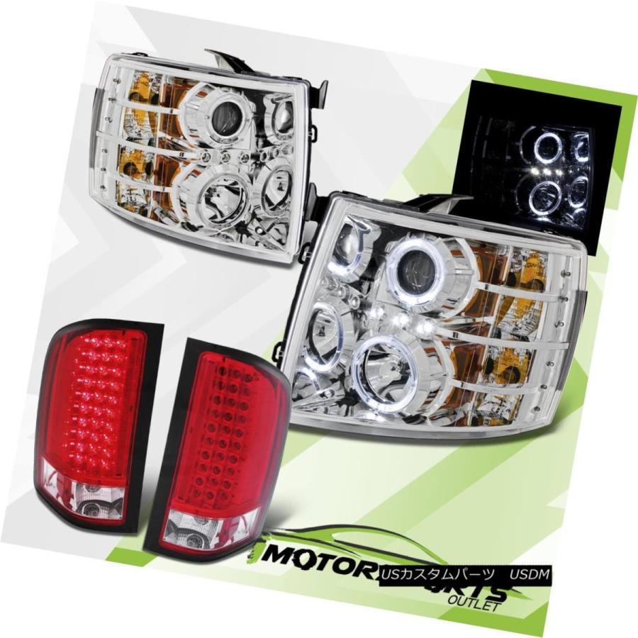 ヘッドライト [LED Halo] 2007-2013 Chevy Silverado Chromeヘッドライト+レッドLEDブレーキテールライト [