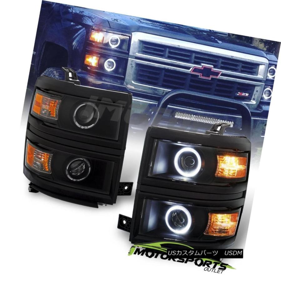 前照灯 [デュアルLED月暈] 2014 2015 Chevy Silverado 1500プロジェクターブラックヘッドライトペア [Dual 自動車-その他ライト