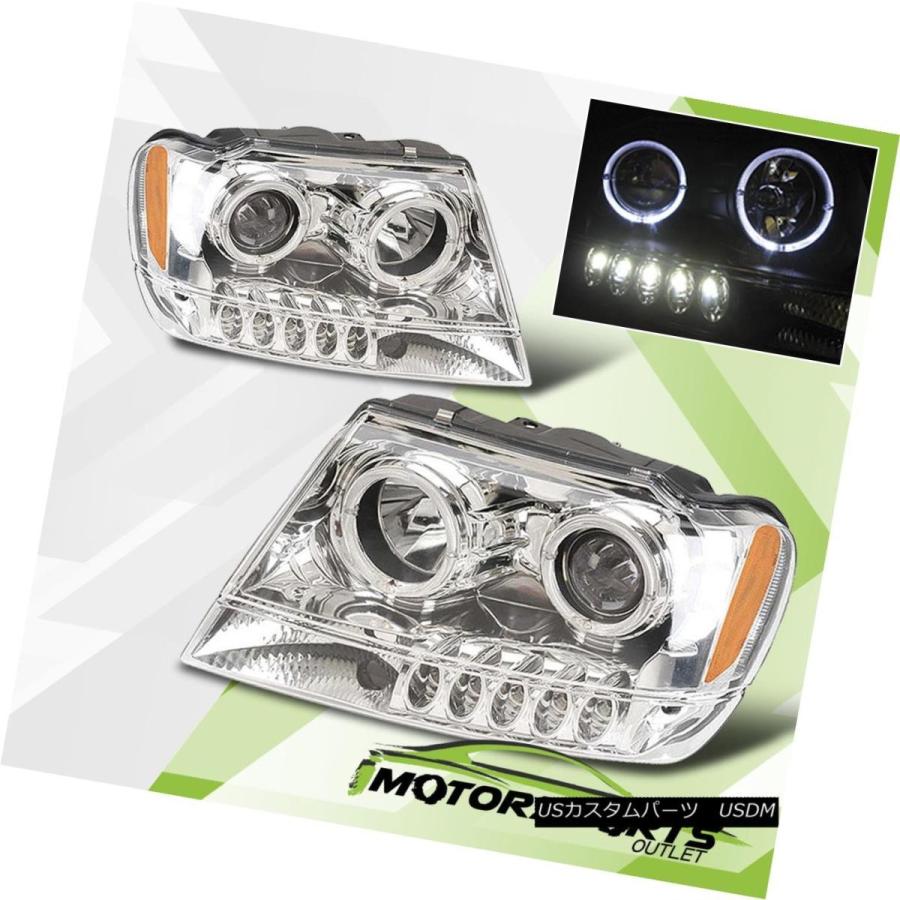 前照灯 [Dual LED Halo] 1999-2004 Jeep Grand Cherokee Chrome LEDプロジェクターヘッドライ ライト、レンズ-その他ライト-自動車
