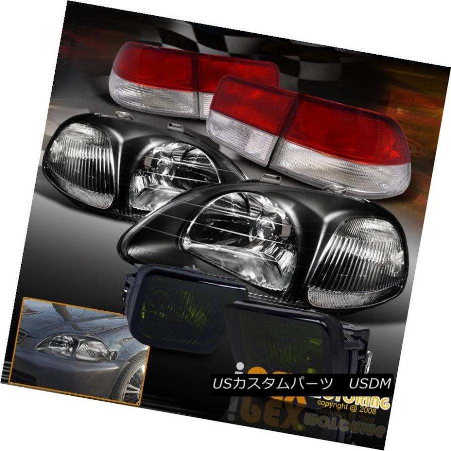 前照灯 1996-1998 Honda Civic 2Dr EK JDMスタイルブラックヘッドライト+赤いことテールランプ+スモークフォグ 199 車、バイク、自転車-その他ライト