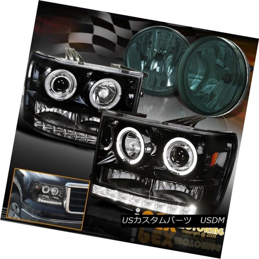 ヘッドライト 2007-2013 GMC Sierra HaloプロジェクターLEDシャイニーブラックヘッドライト+スモークフォグライト 2007-2