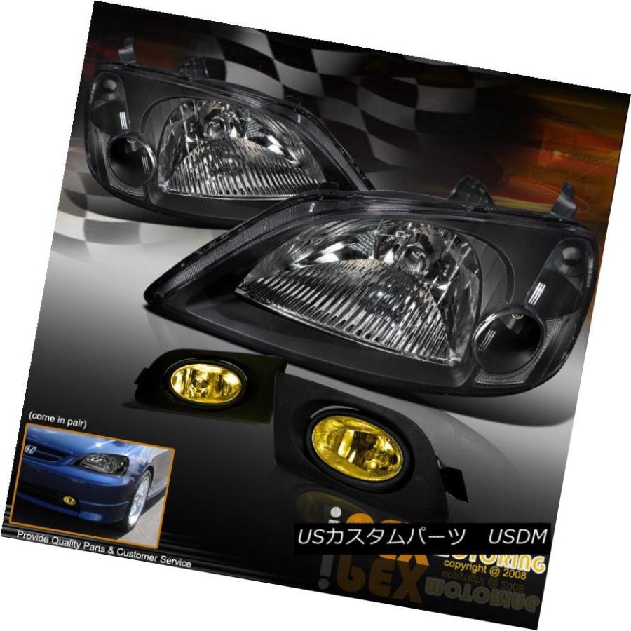 ヘッドライト 2001-2003ホンダシビックJDMブラックヘッドライト+イエローバンパーフォグライト用4PCコンボ 4PC Combo For 20