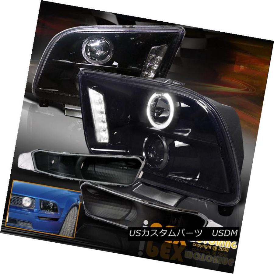 前照灯 05-09 Mustang Halo映写機LEDシャイニーブラックヘッドライト+パーキングシグナルライト 05-09 Musta ライト、レンズ-車、バイク、自転車-自動車