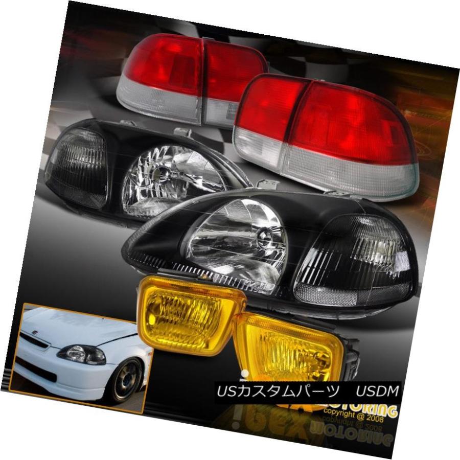 前照灯 96 97 98ホンダシビック4Dr EK JDM黒いこと前照灯+テールランプ+イエローフォグランプ 96 97 98 Honda 自動車-その他ライト-ライト、レンズ