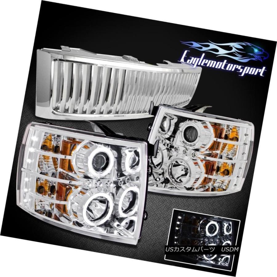 ヘッドライト デュアルCCFLハロープロジェクターLED CHROME HEADLIGHTS 07-10 CHEVY SILVERADO + GRIL