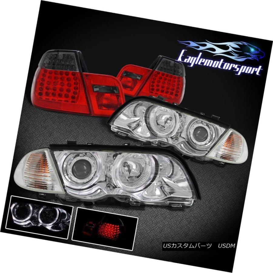 ヘッドライト 1999-2001 BMW E46 4DRクロームハロープロジェクターヘッドライト+レッドスモークLEDテールランプ 1999-2001