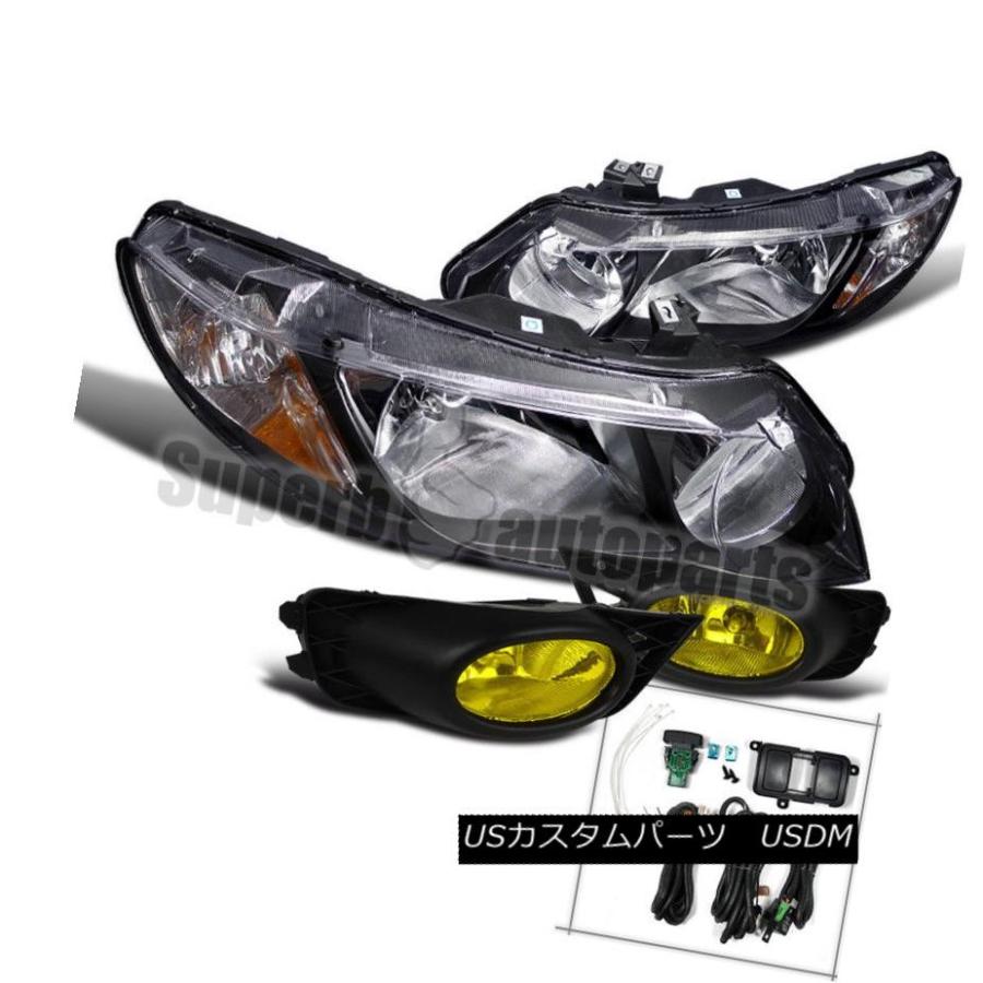 ヘッドライト 2009?2011年ホンダシビック4Dヘッドライトブラック+バンパーフォグライトランプイエロー For 2009-2011 Honda