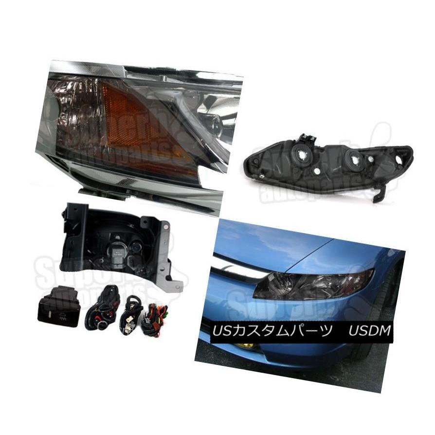 ヘッドライト 2006  -  2008年ホンダシビック4Dヘッドライトスモーク+バンパーイエローフォグライトランプ For 2006-2008 Hoの画像