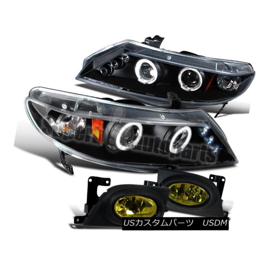 前照灯 2006-2008ホンダシビック4Drデュアル月暈Led前照灯黒いこと+フォグライトイエロー For 2006-2008 Hon