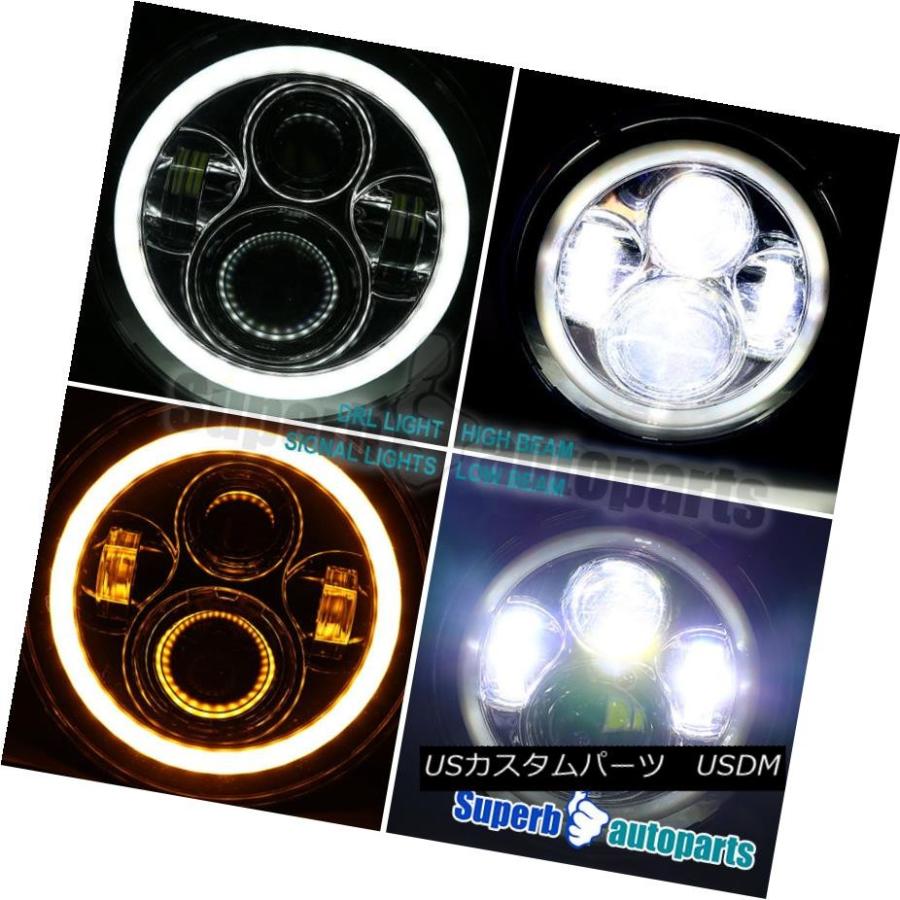 ヘッドライト 7インチラウンドクロームプロジェクターヘッドライトLED Halo DRLアンバーシグナルライト6500K 2X 7\" Round Chの画像