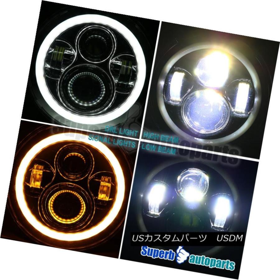 ヘッドライト 7インチ丸型黒プロジェクターヘッドライトLED Halo DRLアンバーシグナルライト6500K 2X 7\" Round Black Pの画像