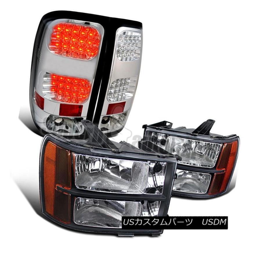 ヘッドライト 2007-2014 GMC Sierraピックアップブラックヘッドライトアンバー+クロームLEDテールランプ 2007-2014 GMC