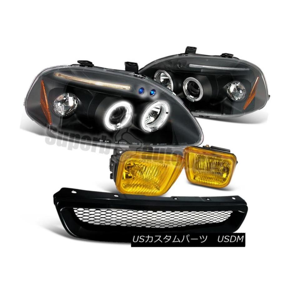 前照灯 1996-1998 Civic LED Halo前照灯黒いこと+イエローフォグ+ ABSメッシュ小料理屋Blk For 1996-1 車、バイク、自転車-ライト、レンズ