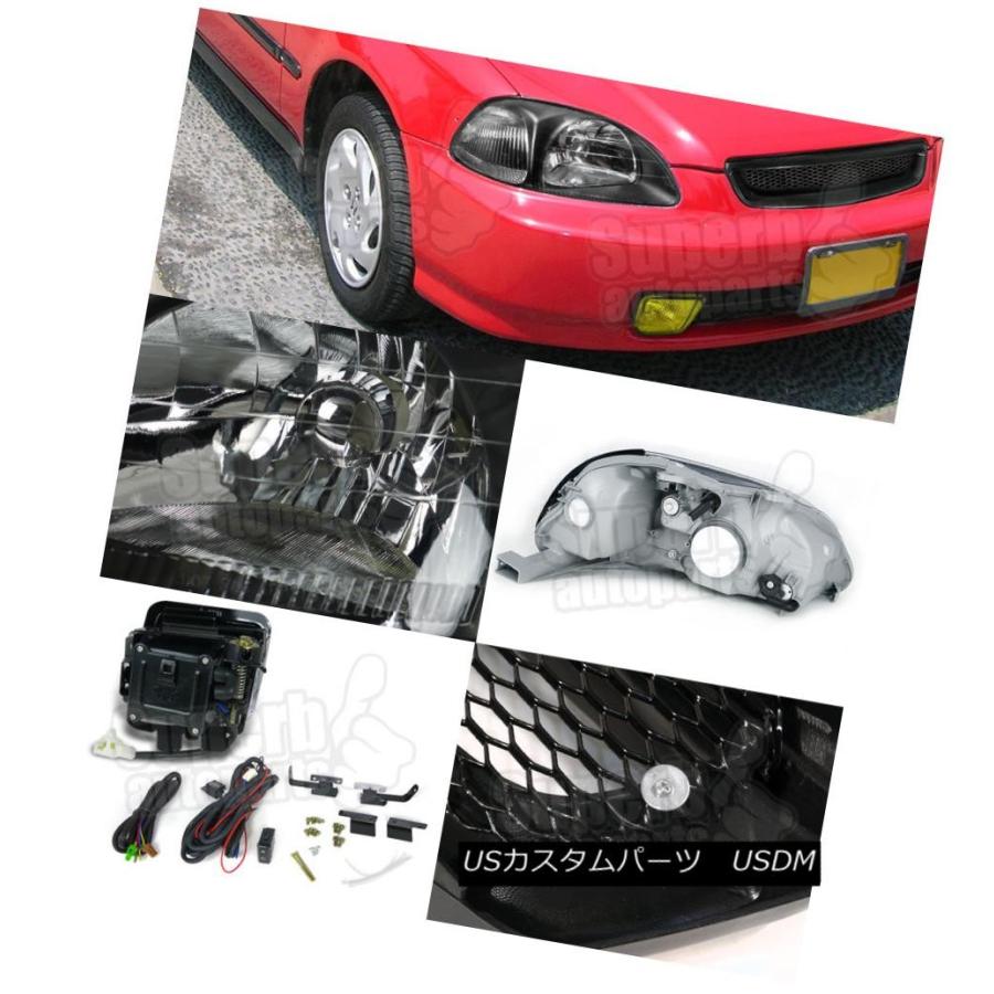 ヘッドライト 1996-1998ホンダシビックブラックヘッドライト+フォグランプイエロー+フロントメッシュフードグリル For 1996-1998 Hの画像