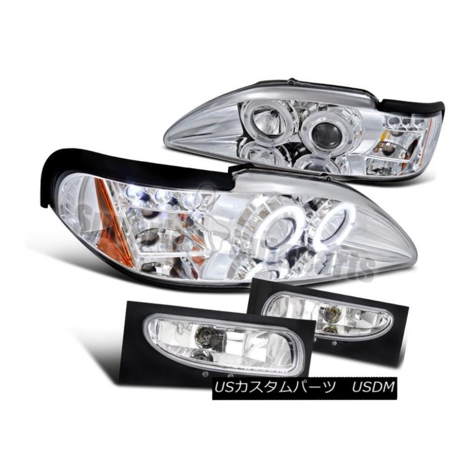 前照灯 1994-1998 Ford Mustang LED Haloプロジェクターヘッドライトクリア+クロームフォグランプ 1994-1998