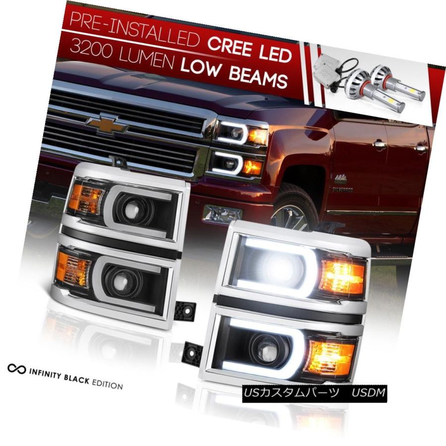 前照灯 [CREE LEDロービーム] 2014-2015シボレーシルバラード1500ブラックプロジェクターヘッドライトセット [CREE LE 自動車-車、バイク、自転車-ライト、レンズ