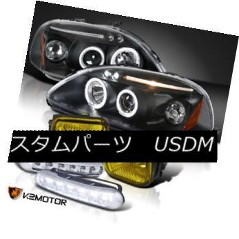 前照灯 1996-1998 Honda Civic Haloプロジェクターヘッドライトブラック+ LED DRL +アンバーフォグランプ For 車、バイク、自転車-その他ライト-自動車