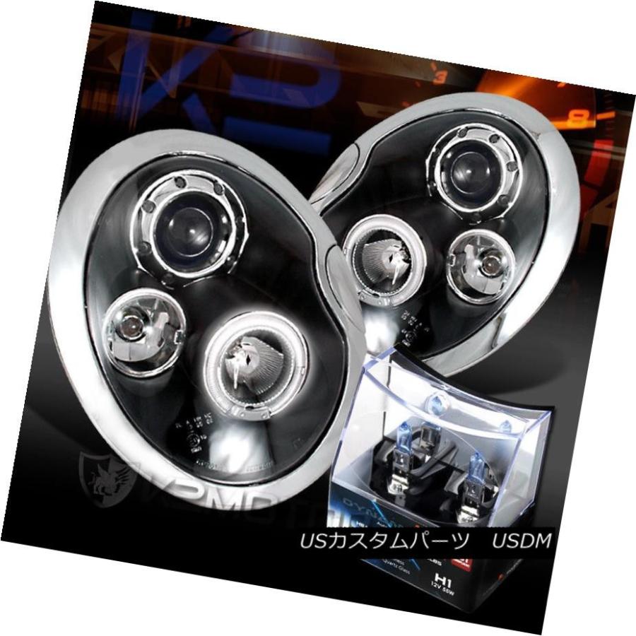 ヘッドライト 02-05ミニクーパーブラックLEDハロープロジェクターヘッドライト+ H1ハロゲン電球 02-05 Mini Cooper Black