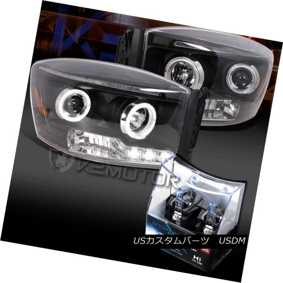 ヘッドライト 06-08ダッジラムブラックハローLEDプロジェクターヘッドライト+ H1ハロゲン電球 06-08 Dodge Ram Black Ha
