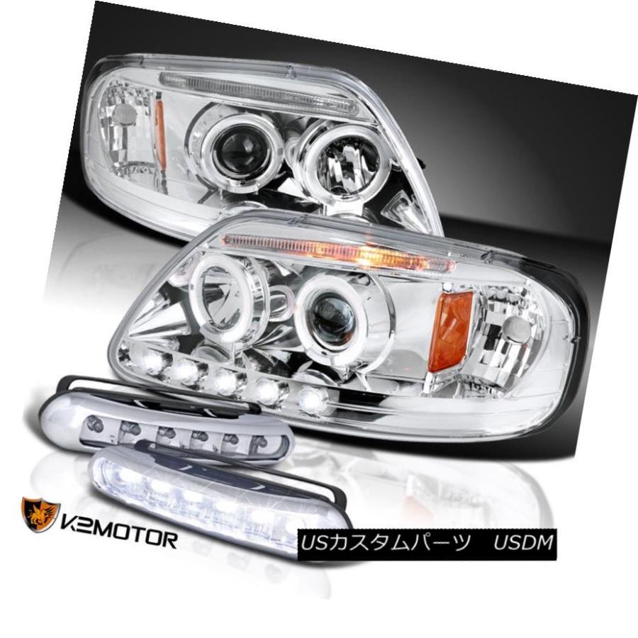 ヘッドライト 97-03フォードF150クロームハロープロジェクターヘッドライト+ LED DRLドライビングフォグランプ 97-03 Ford F1