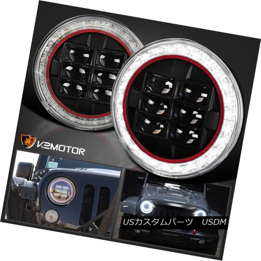 前照灯 2x 7in黒いこと月暈LED DRLレッドリムプロジェクタービームヘッドライトランプジープラングラー 2x 7\" Black Ha" その他ライト-車、バイク、自転車