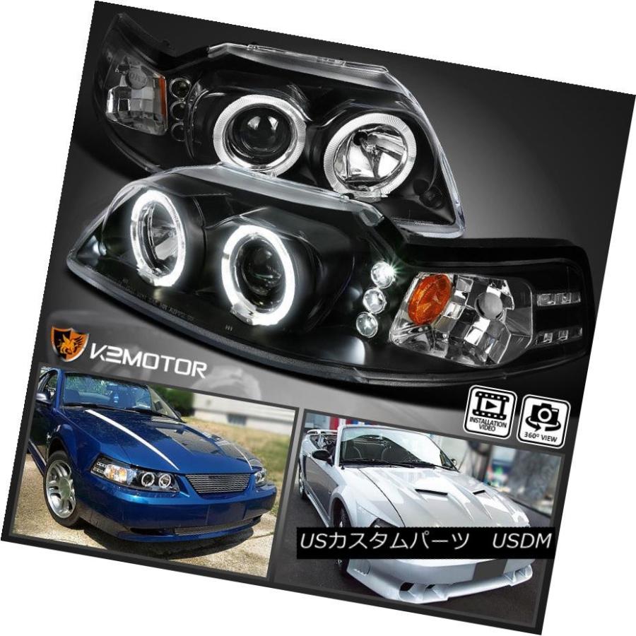 ヘッドライト 1999-2004フォードマスタングLEDハロープロジェクターヘッドライトランプブラック左右 1999-2004 Ford Mustan