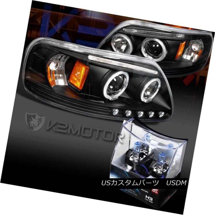 ヘッドライト 97-03 Ford F150ブラックLEDハロープロジェクターヘッドライト+ H3ハロゲン電球 97-03 Ford F150 Bla