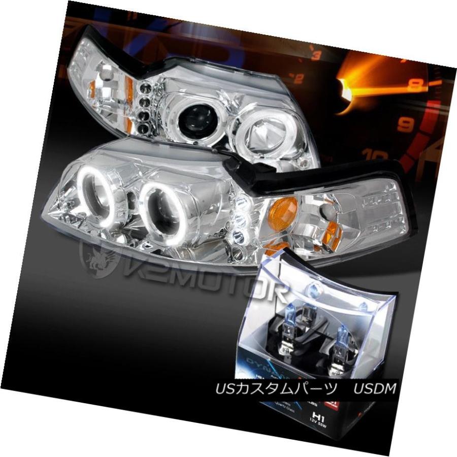 ヘッドライト 99-04 Ford MustangクロームLEDハロープロジェクターヘッドライト+ H1ハロゲン電球 99-04 Ford Musta