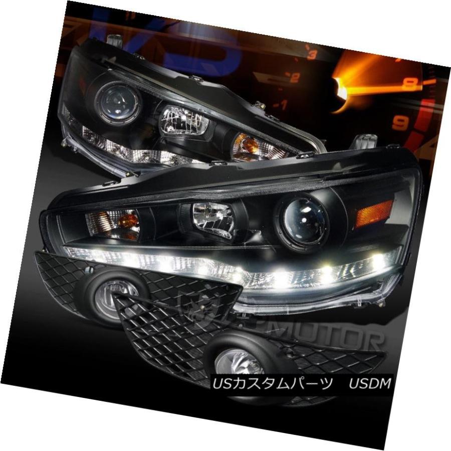 ヘッドライト 08-12三菱ランサーR8 LED DRL黒プロジェクターヘッドライト+ Cle   arフォグランプ 08-1