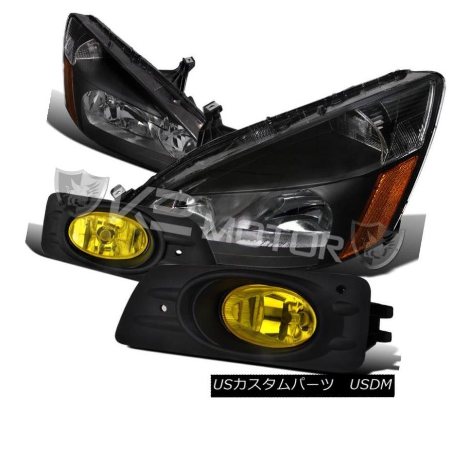 ヘッドライト 06-07ホンダアコード4Drクリスタルヘッドライトブラック+イエローフォグバンパーランプ For 06-07 Honda Accord