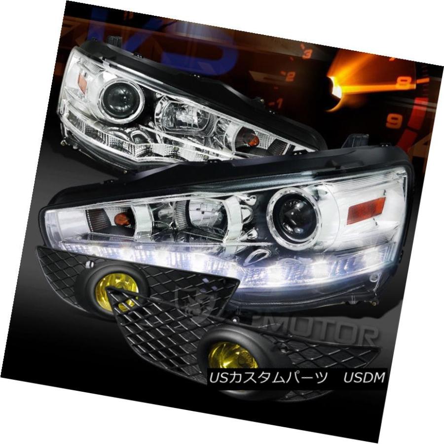ヘッドライト 08-12三菱ランサーR8 LED DRLクロームプロジェクターヘッドライト+イエロー 低フォグランプ 08-1