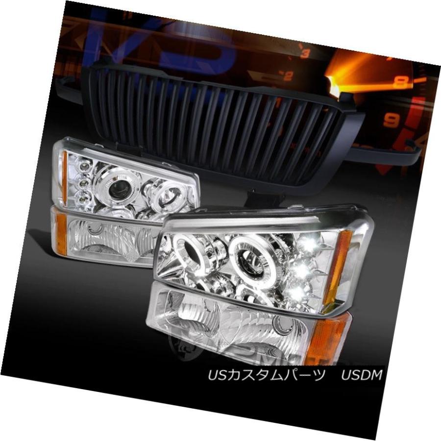 ヘッドライト 03-05 Silverado Chrome Halo LEDプロジェクターヘッドライトバンパーランプ+ブラックグリル 03-05 Si