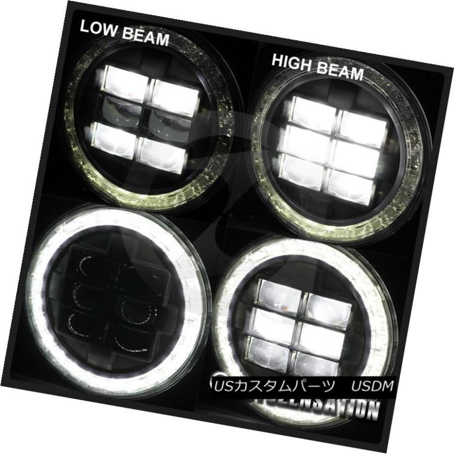 ヘッドライト 2xラウンドクリーハローLEDブラックプロジェクターヘッドライトブルーリムストリップジープラングラー 2x Round Cree Halの画像