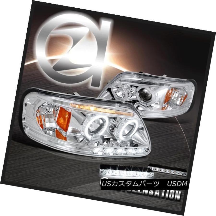 ヘッドライト 97-02 F150 LEDストリップハロープロジェクターヘッドライトクロームペア+ 6 LEDバンパーDRL 97-02 F150 L