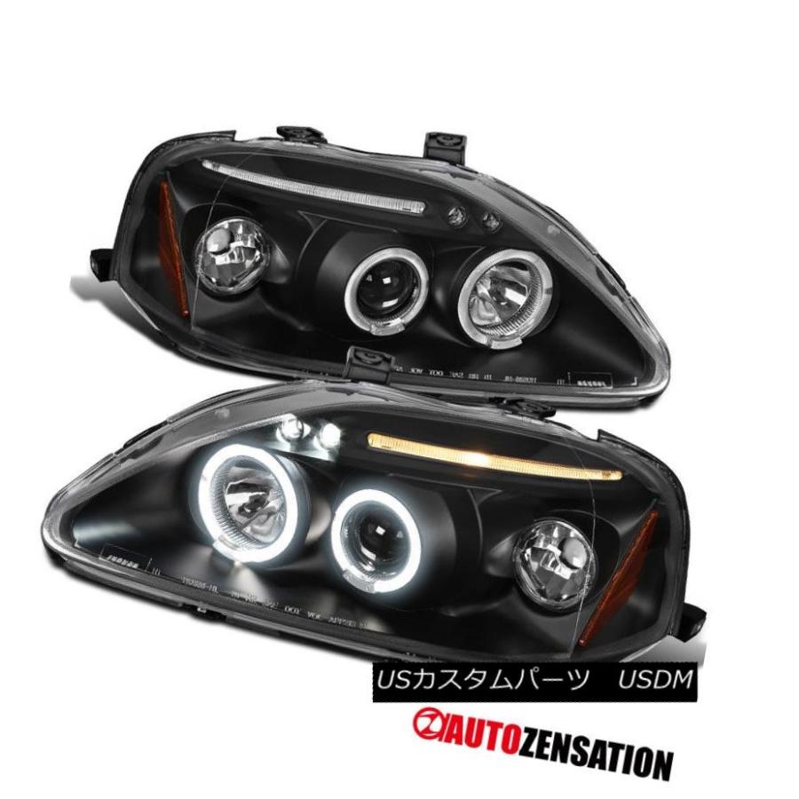 ヘッドライト フィット99-00ホンダシビックブラックLED DRLハロープロジェクターヘッドライト Fit 99-00 Honda Civic Bl