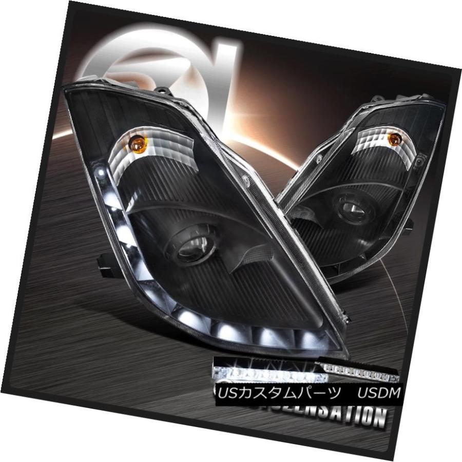 ヘッドライト 06-09 350ZブラックプロジェクターヘッドライトLEDストライプバー6000KバンパーDRL用 For 06-09 350Z Bl