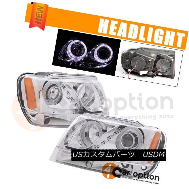 ヘッドライト フィット99  -  04ジープグランドチェロキーLEDハロープロジェクターヘッドランプヘッドライトクローム Fits 99-04 Je