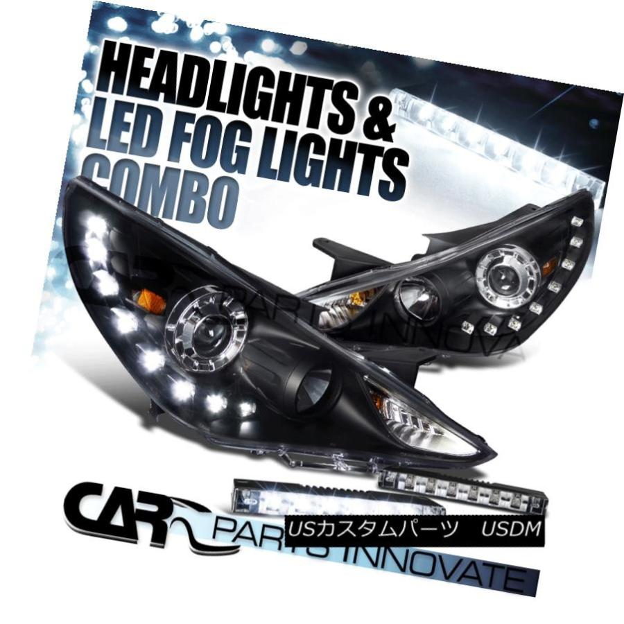 ヘッドライト フィット11-14ソナタブラックプロジェクターヘッドライト+ SMD LED DRL + 6-LEDフォグバンパーDRL Fit 11-
