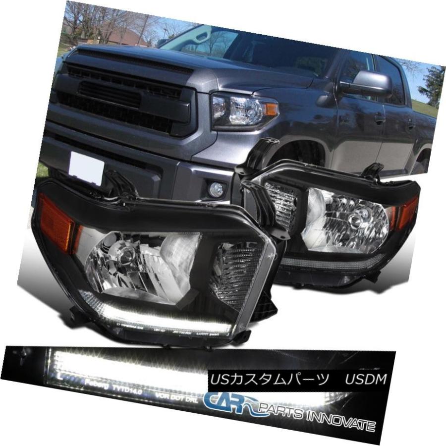 ヘッドライト 14-17トヨタのトンドラピックアップ用ブラックLEDストリップヘッドライトヘッドランプ左+右 For 14-17 Toyota Tun