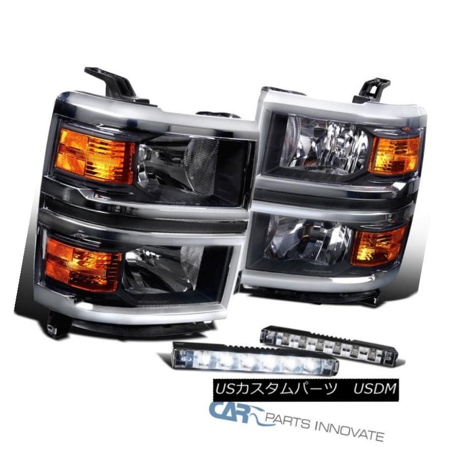 ヘッドライト シボレー14-15 Silverado 1500ピックアップブラックヘッドライト+ LEDフォグライトバンパーランプ Chevy 14-