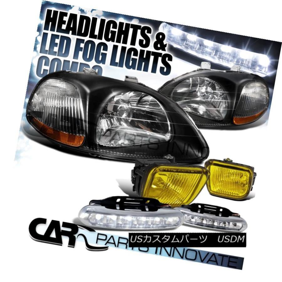 ヘッドライト 96-98ホンダシビックブラッククリスタルヘッドライト+イエロー 低霧バンパーランプ+ 6-LED DRL Fo